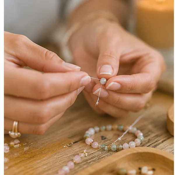 Mains assemblant un bracelet en pierres naturelles lors d'un atelier EVJF dans les Landes
