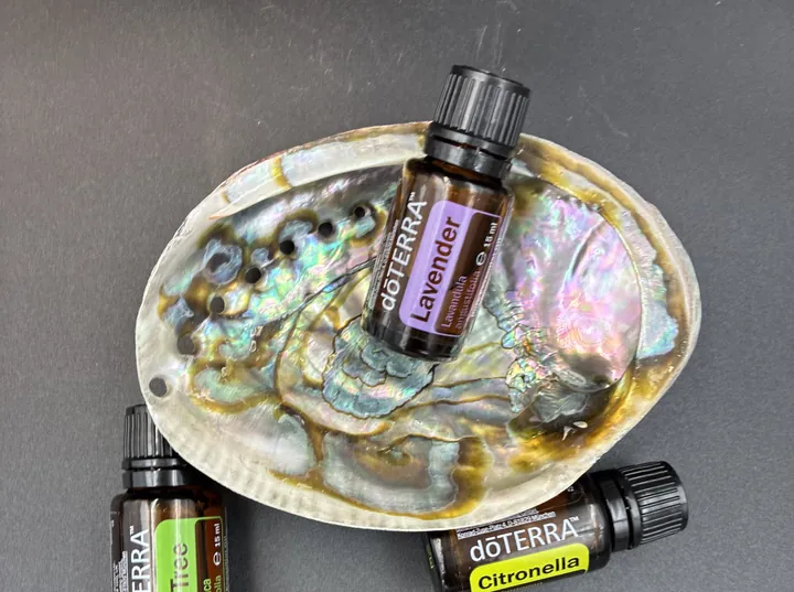 Huiles essentielles de lavande et citronnelle sur un coquillage nacré