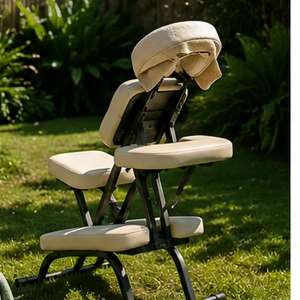 Chaise de massage Amma assis installée dans un jardin, prête pour un atelier entre amies