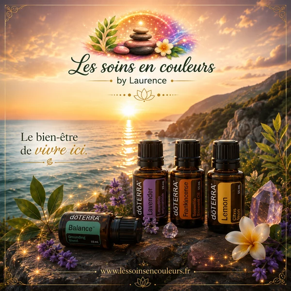 Flacons d'huiles essentielles et cristaux au coucher du soleil, atelier olfactif Les Soins en Couleurs