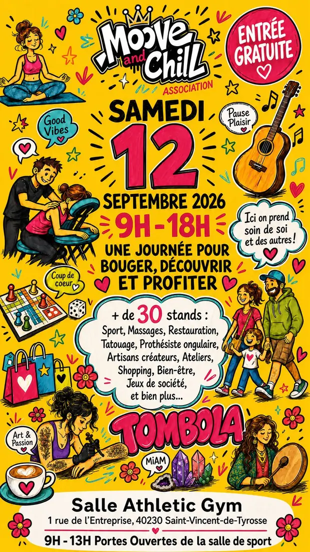 Affiche de la journée Moove and Chill : samedi 12 septembre 2026, de 9 h à 18 h, salle Athletic Gym à Saint-Vincent-de-Tyrosse. Entrée gratuite, plus de 30 stands — sport, massages, restauration, artisans créateurs, ateliers, bien-être, jeux de société — et une tombola.
