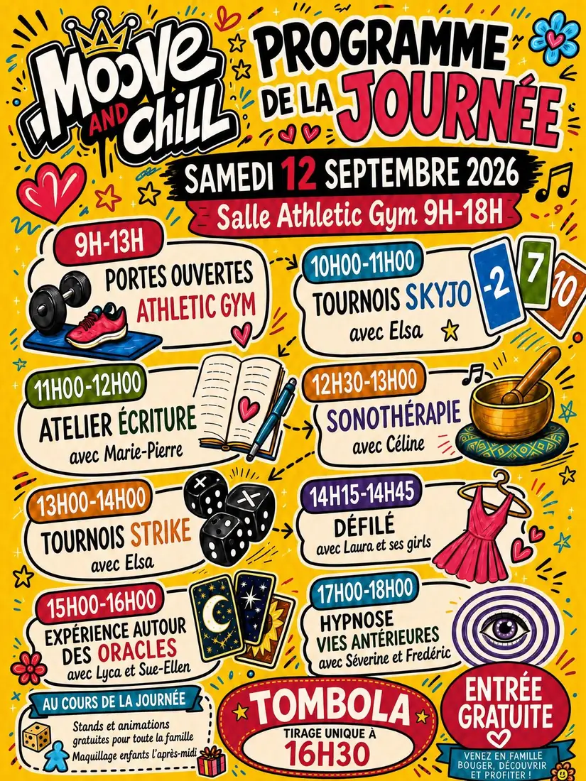 Programme heure par heure de la journée Moove and Chill, également retranscrit en texte ci-dessous.