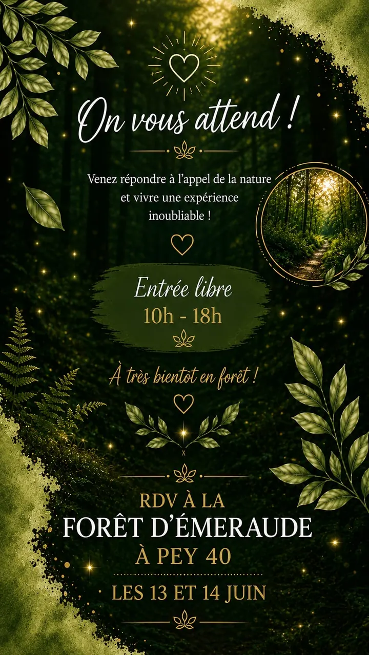Informations pratiques : rendez-vous à la Forêt d'Émeraude à Pey (40), les 13 et 14 juin, entrée libre de 10h à 18h